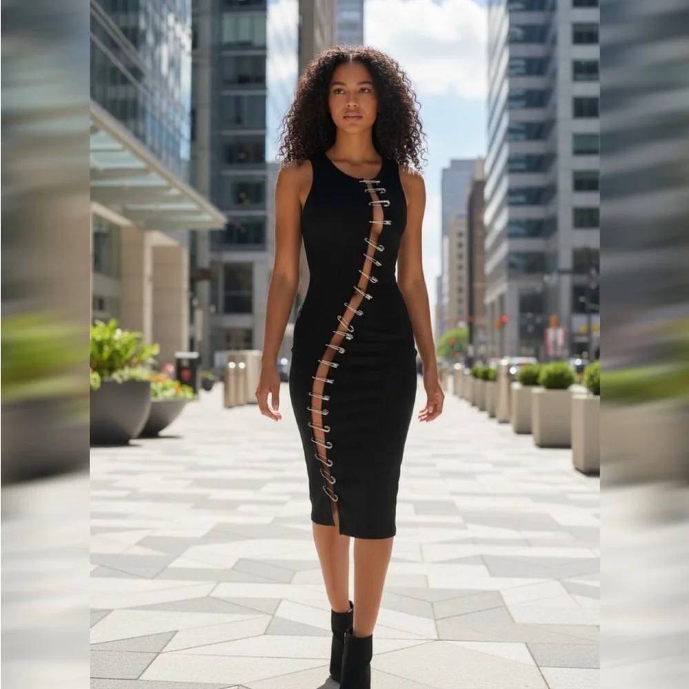 AKIRA Safety Pin Dress Black Bodycon Cutout Small - Picture 1 of 9